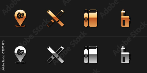 Set Tobacco leaf, Cigarette, Electronic cigarette and Vape mod device icon. Vector
