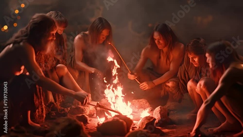The cave residents gathered around the campfire. Stone age people with campfire. Stone age. Cavemen people sit near a campfire photo