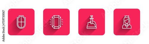Set line Shield, Diamond, Sword in the stone and Princess with long shadow. Red square button. Vector
