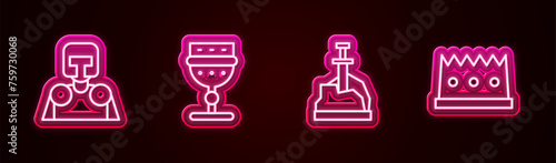 Set line Medieval knight, goblet, Sword in the stone and King crown. Glowing neon icon. Vector