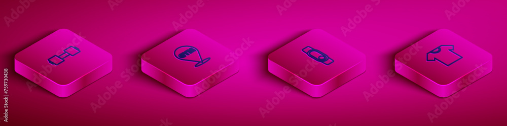 Set Isometric line Dumbbell, Location gym, Smartwatch and T-shirt icon. Vector Set Isometric line Dumbbell, Location gym, Smartwatch and T-shirt icon. Vector