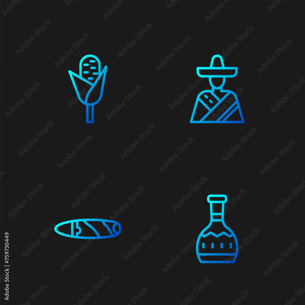 Set line Tequila bottle, Cigar, Corn and Mexican man sombrero. Gradient color icons. Vector Set line Tequila bottle, Cigar, Corn and Mexican man sombrero. Gradient color icons. Vector