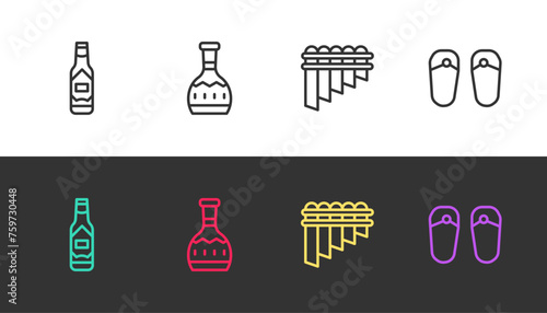 Set line Tabasco sauce, Tequila bottle, Pan flute and Flip flops on black and white. Vector