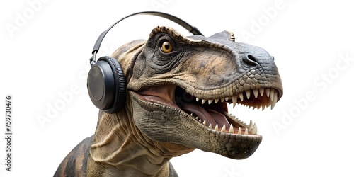tyrannosaurus rex dinosaur in headphones isolated on white background