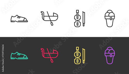 Set line Men shoes, Gondola, Violin and Ice cream on black and white. Vector