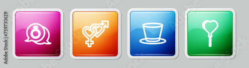 Set line Diamond engagement ring, Gender, Cylinder hat and Balloons form of heart. Colorful square button. Vector