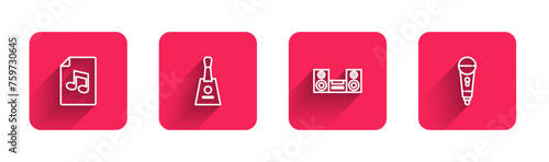 Set line Music book with note, Balalaika, Home stereo and Microphone with long shadow. Red square button. Vector