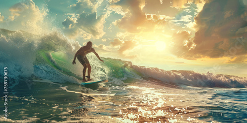An action-packed scene of a surfer brilliantly riding a large wave during a breathtaking sunset © road to millionaire