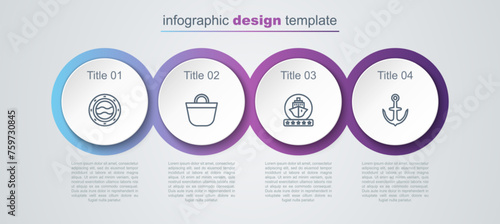 Set line Ship porthole with seascape, Beach bag, Cruise ship and Anchor. Business infographic template. Vector