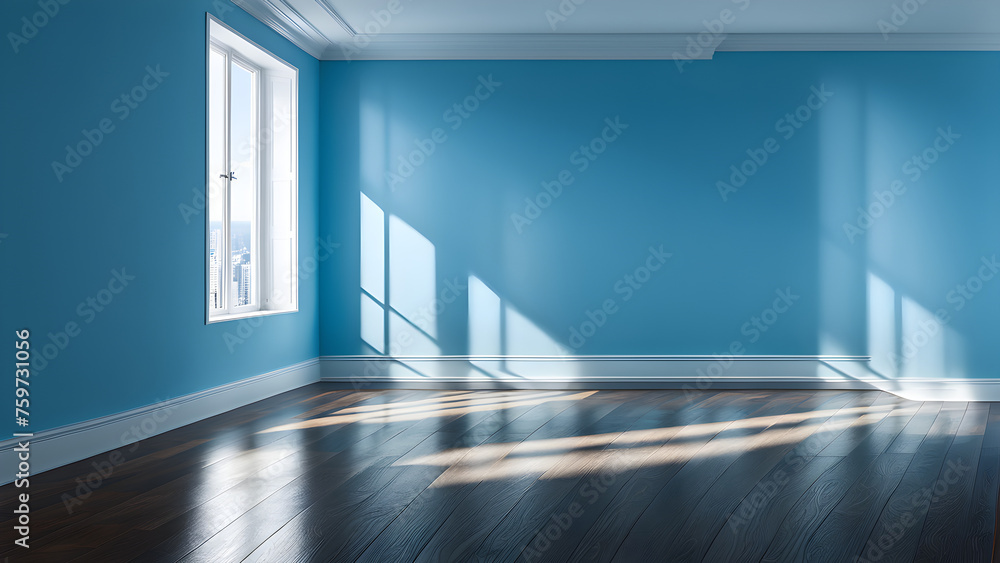 Fototapeta premium A blank house with blue walls and sunlight shining through the windows for product display, with text left blank