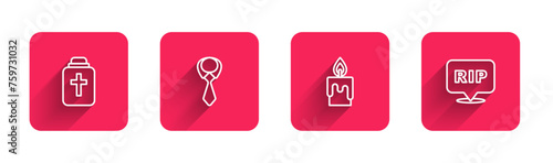 Set line Funeral urn, Tie, Burning candle and Speech bubble rip death with long shadow. Red square button. Vector