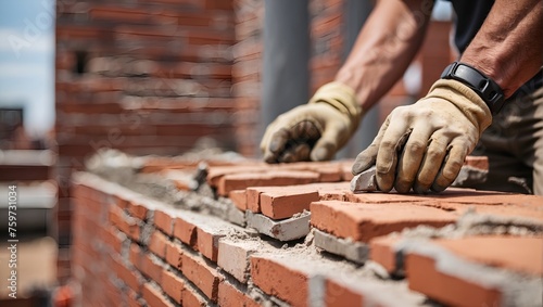 A worker building a brick wall with mason s hands