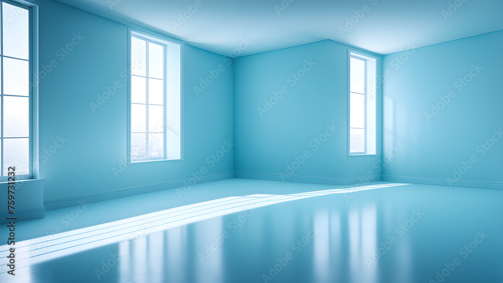A blank house with blue walls and sunlight shining through the windows for product display, with text left blank A blank house with blue walls and sunlight shining through the windows for product display, with text left blank