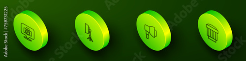 Set Isometric line Photo camera, Softbox light, and Camera photo lens icon. Vector