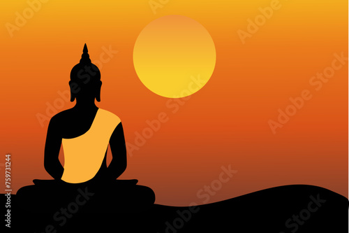 Buddha meditating silhouette and sunset background illustration