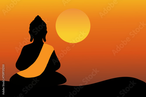 Buddha meditating silhouette and sunset background illustration