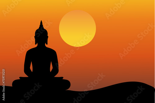 Buddha meditating silhouette and sunset background illustration