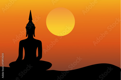 Buddha meditating silhouette and sunset background illustration