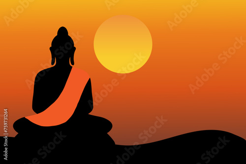 Buddha meditating silhouette and sunset background illustration