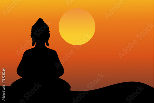 Buddha meditating silhouette and sunset background illustration