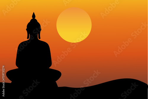 Buddha meditating silhouette and sunset background illustration