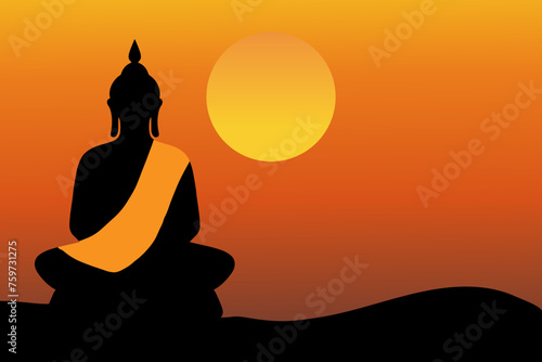 Buddha meditating silhouette and sunset background illustration