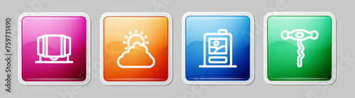 Set line Wooden barrel for wine, Sun and cloud weather, Cardboard box of and Wine corkscrew. Colorful square button. Vector