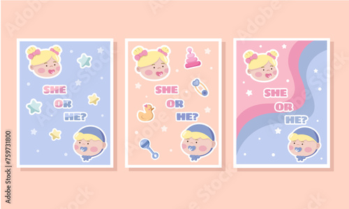 Set of baby shower invitations with cartoon toys, rattle, pyramid, duck and pin. Baptism of a newborn baby. She or he? Vector illustration