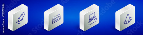 Set Isometric line Fish, King crown, Viking ship Drakkar and Hunting horn icon. Vector