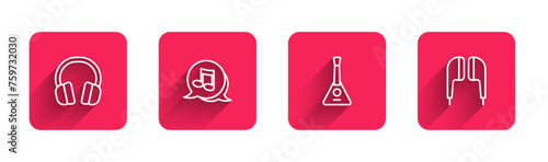 Set line Headphones, Music note, tone, Balalaika and Air headphones with long shadow. Red square button. Vector