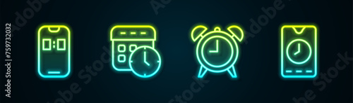 Set line Alarm clock app mobile, Calendar and, and . Glowing neon icon. Vector