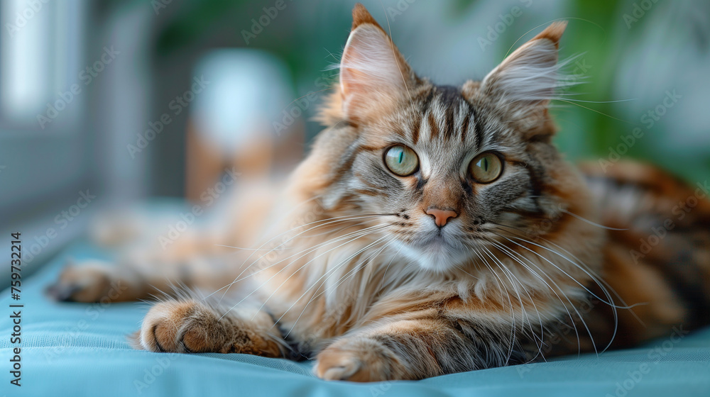 Obraz premium Cat Laying on Blue Cushion. Generative AI