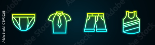 Set line Men underpants, Shirt, Short or and Undershirt. Glowing neon icon. Vector
