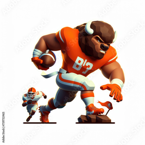 Bison running with a ball like an American football player. 3D minimalist cute illustration on a light background.