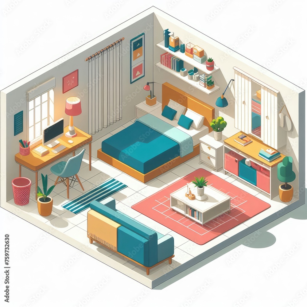 Bedroom icon in isometric style. 3D minimalist cute illustration on a light background.