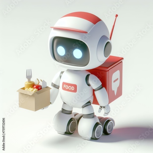 Robot Food Delivery. 3D minimalist cute illustration on a light background.