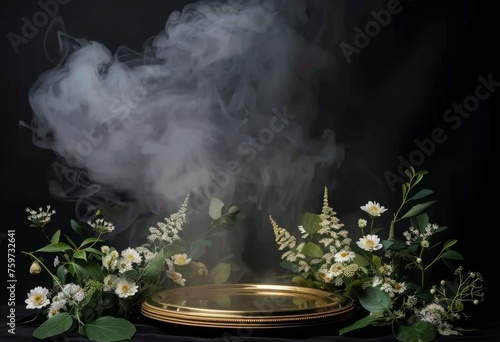 A round podium with smoke on nowruz flower background, nowruz background