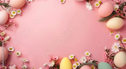 Nowruz eggs with pink flowers and apricot tree sprigs on pink background  creative nowruz design