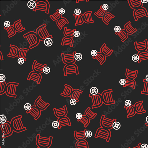 Line No GMO icon isolated seamless pattern on black background. Genetically modified organism acronym. Dna food modification. Vector