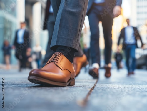 Close-up of a businessman's shoes on the move, with blurred pedestrians in the background.