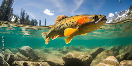 Brown Trout, A brown trout with a large mouth is swimming in the water, A rainbow trout is swimming in the water with rocks, Fish struggle in 'dangerously hot' temperatures, Generative AI © shabnam