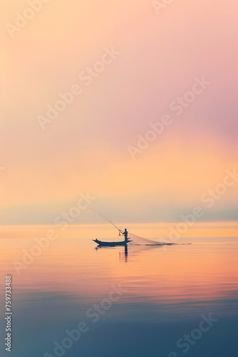 A man is fishing in a boat on a calm lake. The sky is a mix of pink and orange, creating a serene and peaceful atmosphere © Artinun