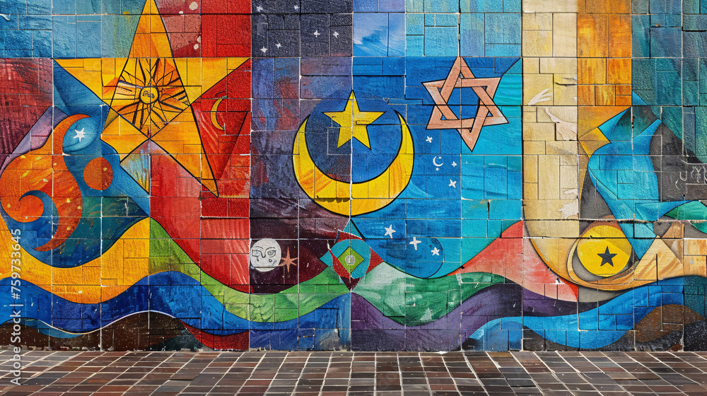 A vibrant mural depicting the peaceful coexistence of multiple religions, with symbols like the cross, crescent, Om, and Star of David intertwined in harmony. A mural of unity. Artistic expression. - obrazy, fototapety, plakaty 
