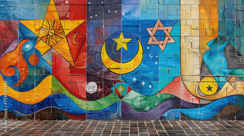 A vibrant mural depicting the peaceful coexistence of multiple religions, with symbols like the cross, crescent, Om, and Star of David intertwined in harmony. A mural of unity. Artistic expression. © Artinun
