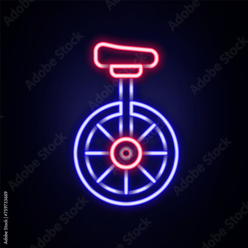 Glowing neon line Unicycle or one wheel bicycle icon isolated on brick wall background. Monowheel bicycle. Colorful outline concept. Vector
