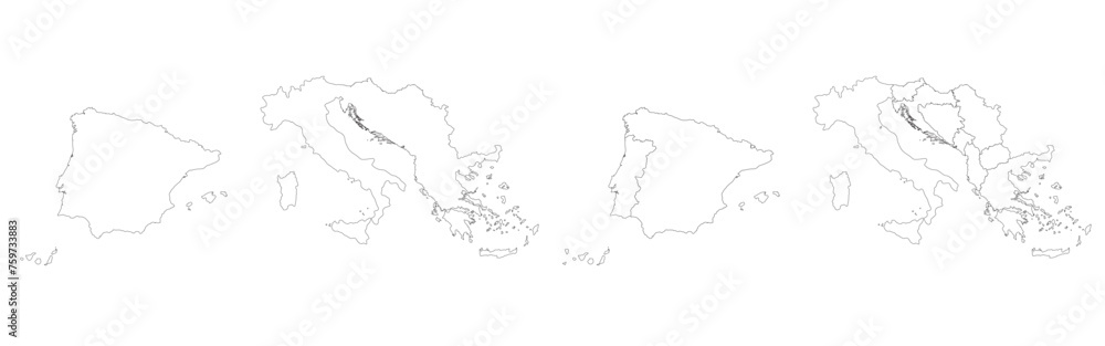 Southern Europe country Map. Map of Southern Europe in set white color - obrazy, fototapety, plakaty 
