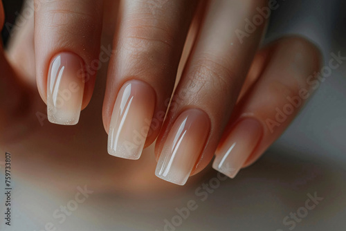 Glamourous woman s hand with perfect French manicure  beige nail polish shining under soft lighting  representing the refined style and artistry of modern nail design in a luxury beauty salon setting