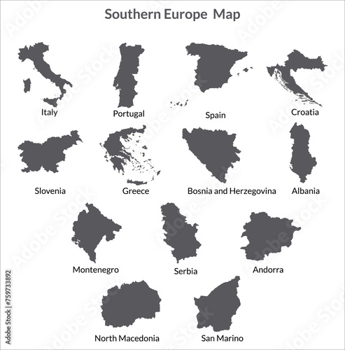 Southern Europe country Map. Map of Southern Europe in set grey color