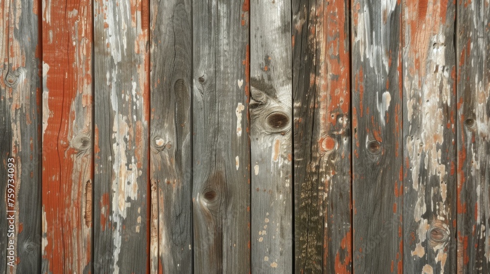 Vintage look of orange-red and grey weathered wooden panels with natural patterns and details