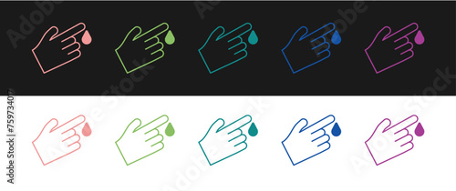 Set Hand finger with blood drops icon isolated on isolated on black and white background. Diabetes, sugar blood. Vector